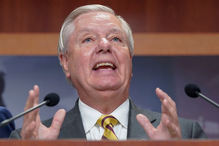 Sen. Lindsey Graham (R-SC) speaks to the media during a press conference on the border Wednesday, Sept. 27, 2023, on Capitol Hill in Washington.