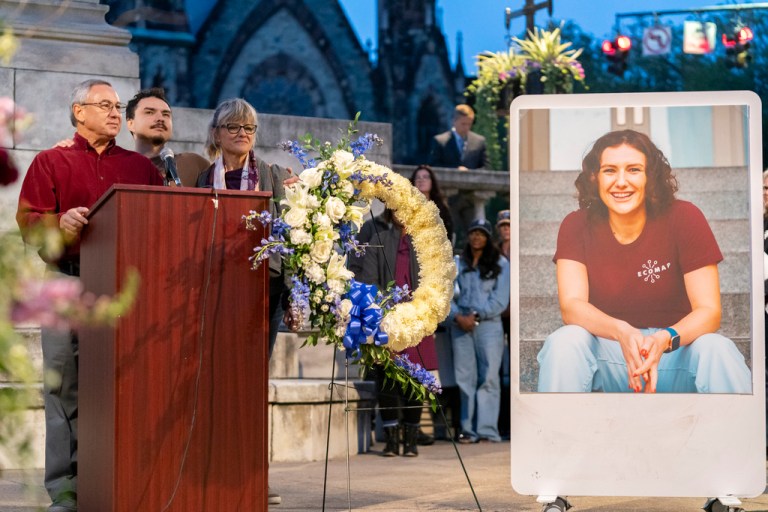 Frank LaPere, Nico LaPere and Caroline Frank, the family of Pava LaPere, founder of tech startup EcoMap Technologies, speak during a vigil on Wednesday, Sept. 27, 2023, in Baltimore. 