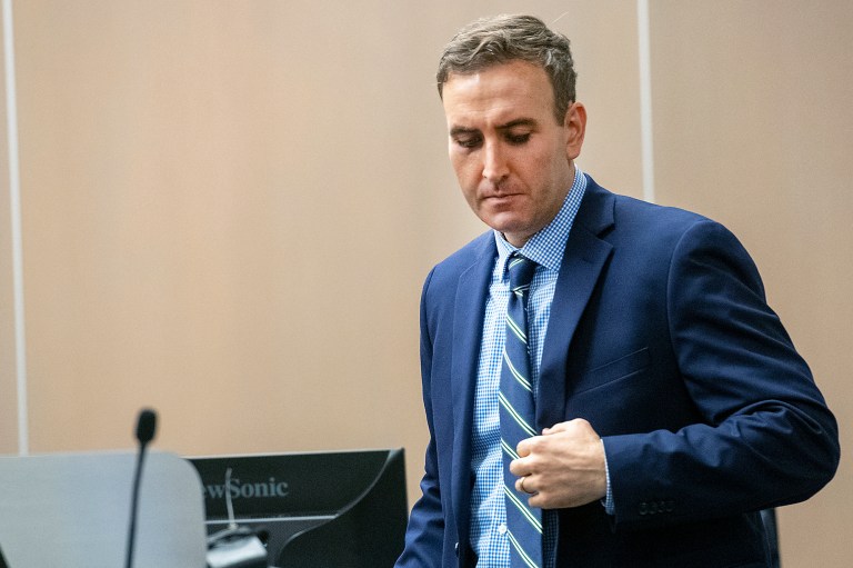 Carter Harrison, lead attorney for the New Mexico Republican Party in its lawsuit looking to overturn the 2021 redistricting maps, returns to the podium after submitting evidence to the 5th Judicial District Court, Wednesday, Sept. 27, 2023, in Lovington, New Mexico.