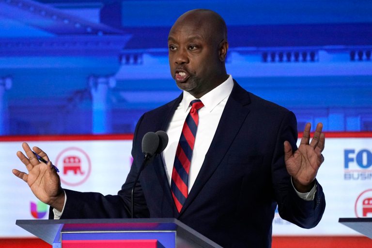 Sen. Tim Scott (R-SC) speaks during a Republican presidential primary debate hosted by Fox Business Network and Univision, Wednesday, Sept. 27, 2023, at the Ronald Reagan Presidential Library in Simi Valley, California.