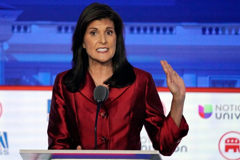 Former U.N. Ambassador Nikki Haley speaks during a Republican presidential primary debate, Sept. 27, 2023, at the Ronald Reagan Presidential Library in Simi Valley, Calif.