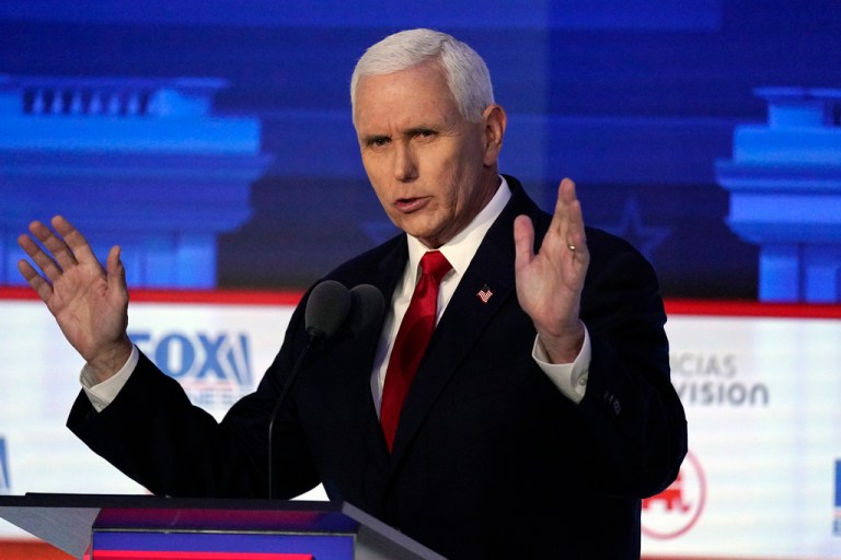 Former Vice President Mike Pence speaks during a Republican presidential primary debate, Sept. 27, 2023.