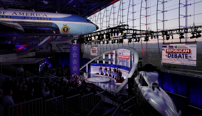 Republican presidential candidates stand behind their podiums during a Republican presidential primary debate hosted by FOX Business Network and Univision, Wednesday, Sept. 27, 2023, at the Ronald Reagan Presidential Library in Simi Valley, Calif.