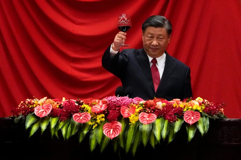 Chinese President Xi Jinping makes a toast after delivering his speech at a dinner marking the 74th anniversary of the founding of the People's Republic of China at the Great Hall of the People in Beijing, Thursday, Sept. 28, 2023. 