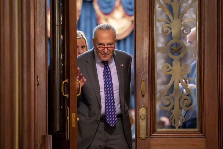 Senate Majority Leader Chuck Schumer (D-NY) walks to a closed-door caucus meeting at the Capitol, Thursday, Sept. 28, 2023.