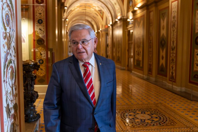 Sen. Bob Menendez (D-NJ) departs the Senate floor in the Capitol, Thursday, Sept. 28, 2023, in Washington.