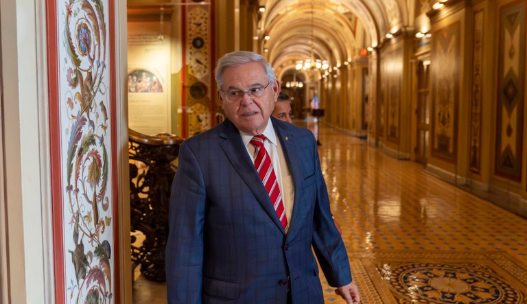 Sen. Bob Menendez, D-N.J., departs the Senate floor in the Capitol, Thursday, Sept. 28, 2023, in Washington.