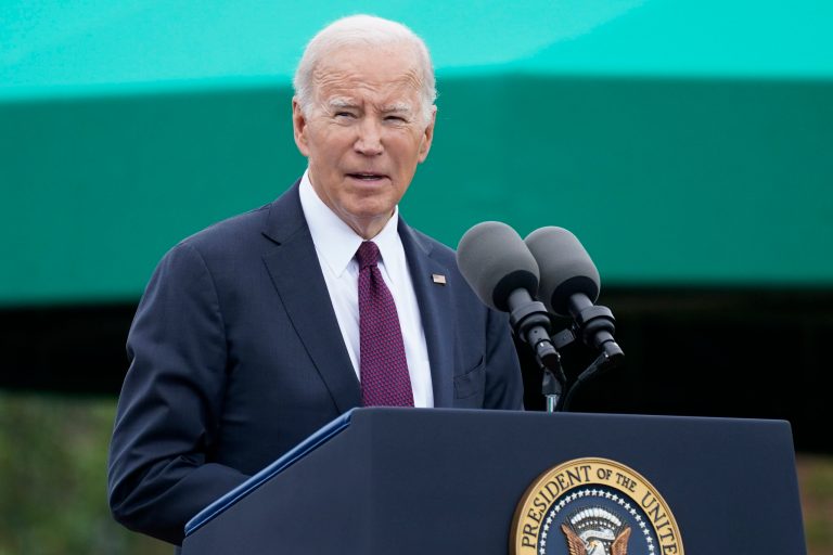 President Joe Biden speaks about the late Sen. Dianne Feinstein (D-CA) during the Armed Forces Farewell Tribute in honor of retiring Chairman of the Joint Chiefs of Staff Gen. Mark Milley and hail for Gen. Charles Q. Brown Jr., the incoming chairman, at Joint Base Myer-Henderson Hall, Friday, Sept. 29, 2023, in Fort Meyer, Virginia. 