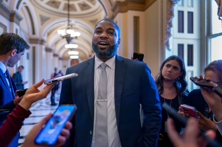 Rep. Byron Donalds (R-FL), a member of the conservative House Freedom Caucus, talks to reporters at the Capitol in Washington on Friday, Sept. 29, 2023.