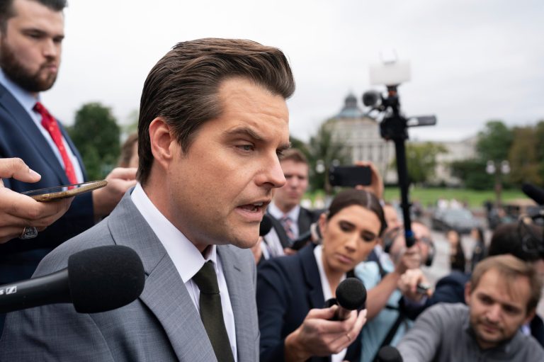 Rep. Matt Gaetz (R-FL) talks to reporters just after House Speaker Kevin McCarthy's (R-CA) last-ditch plan to keep the government temporarily open collapsed, at the Capitol in Washington, Friday, Sept. 29, 2023.