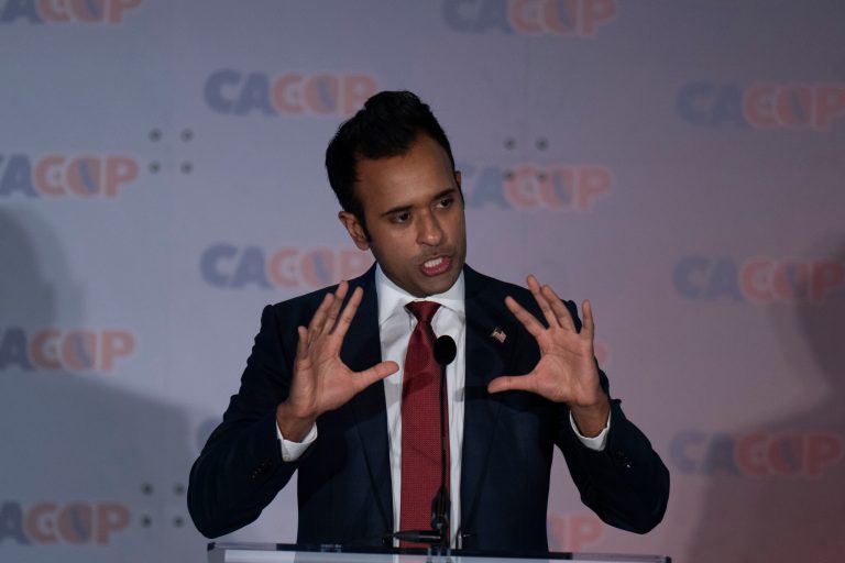 Republican presidential hopeful Vivek Ramaswamy speaks at the California Republican Party Convention in Anaheim, California, Saturday, Sept. 30, 2023.
