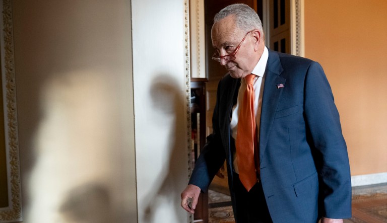 Senate Majority Leader Chuck Schumer (D-NY) walks out of a closed-door caucus meeting after the House approved a 45-day funding bill to keep federal agencies open, Sept. 30, 2023, in Washington. Schumer is headed to Israel this weekend to discuss what resources the United States can provide for its war against Hamas. The New York Democrat's office said Friday he's leading a bipartisan group of senators to the country âto show the United States' unwavering support.