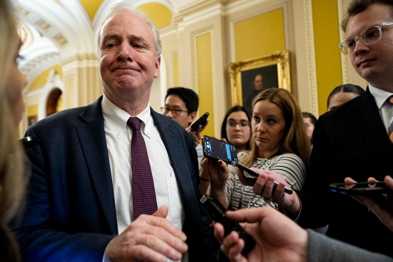Sen. Chris Van Hollen (D-MD) speaks to reporters on Saturday, Sept. 30, 2023, in Washington.
