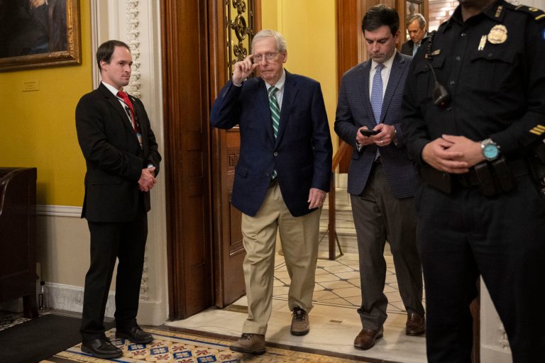 Senate Minority Leader Mitch McConnell (R-KY) leaves the Senate floor after voting to approve a 45-day funding bill to keep federal agencies open, Saturday, Sept. 30, 2023, in Washington.