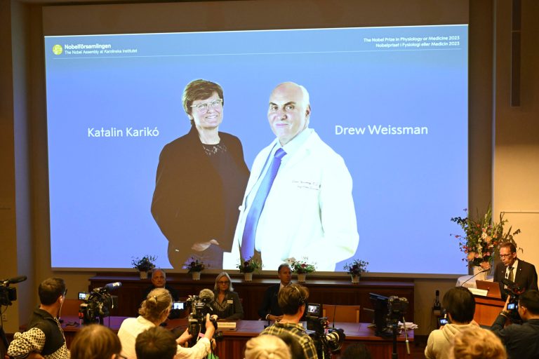 Thomas Perlmann, the secretary of the Nobel Assembly, right, announces the winner of the 2023 Nobel Prize in Physiology or Medicine to Katalin KarikÃ³ and Drew Weissman, seen on screen, at the Karolinska Institute in Stockholm on Oct. 2, 2023. The Nobel Prize in medicine has been awarded to KarikÃ³ and Weissman for discoveries that enabled the development of effective mRNA vaccines against COVID-19.