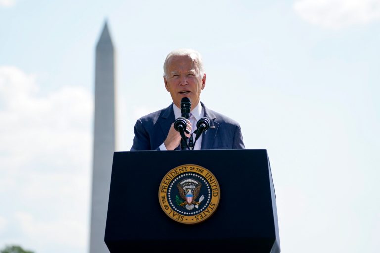 President Joe Biden speaks during an event to celebrate the Americans with Disabilities Act on the South Lawn of the White House, Monday, Oct. 2, 2023, in Washington.