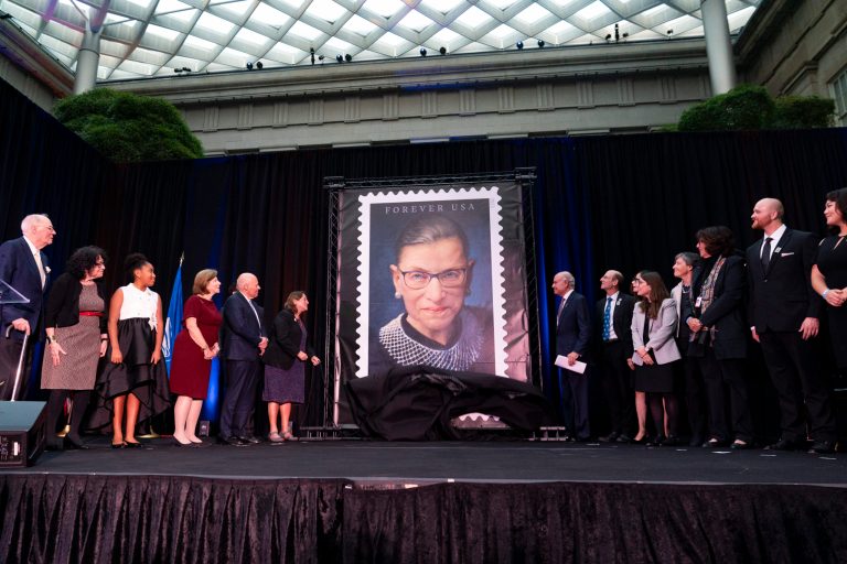 A new Forever stamp commemorating the legacy of the late Supreme Court Justice Ruth Bader Ginsburg is unveiled Monday, Oct. 2, 2023.