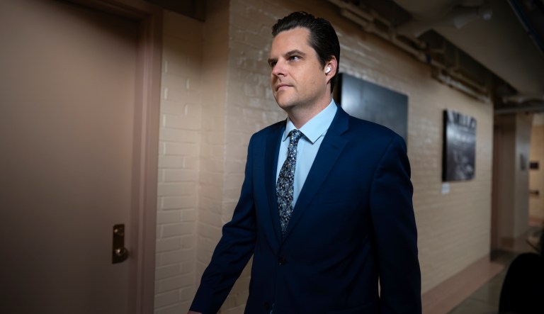Rep. Matt Gaetz, R-Fla., walks through a basement corridor to a closed-door meeting with House Republicans on the morning after he filed a motion to strip Speaker of the House Kevin McCarthy, R-Calif., from his leadership role, at the Capitol in Washington, Tuesday, Oct. 3, 2023.