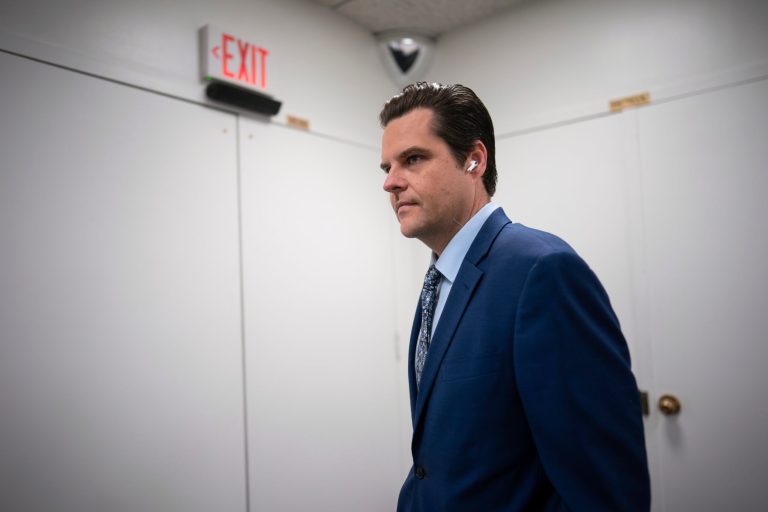 Rep. Matt Gaetz (R-FL) arrives for a closed-door meeting with House Republicans on the morning after he filed a motion to strip Rep. Kevin McCarthy (R-CA) of his speakership, at the Capitol in Washington, Tuesday, Oct. 3, 2023.