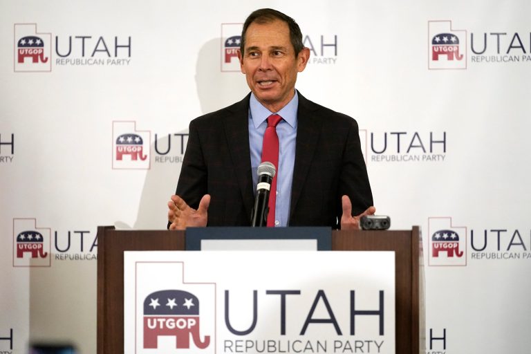 Utah's 3rd Congressional District Republican incumbent John Curtis speaks during an election night party, Nov. 3, 2020, in Sandy, Utah. 