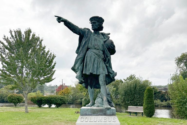 In this photo provided by Johnston Mayor Joseph Polisena Jr., a statue of Christopher Columbus stands in a park on Tuesday, Sept. 26, 2023, in Johnston, Rhode Island.