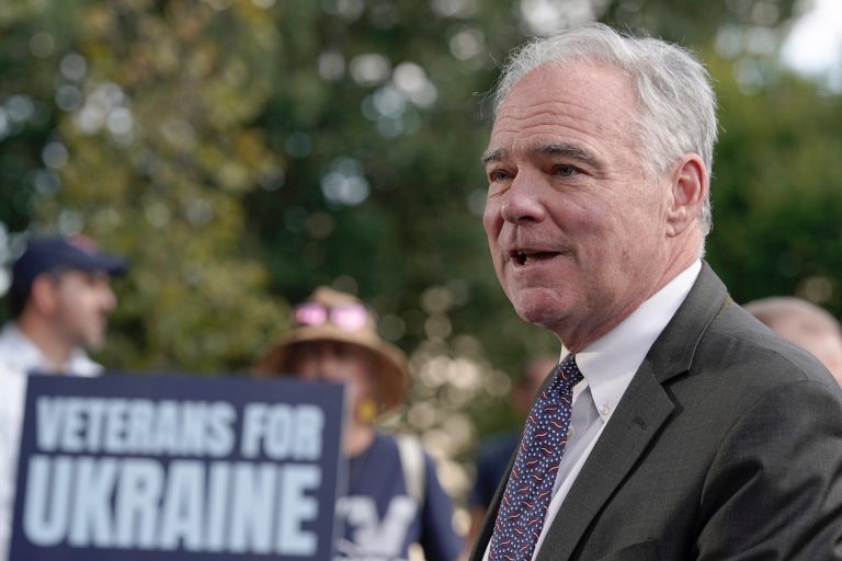 Sen. Tim Kaine (D-VA) speaks to the media during a conference on Ukraine funding on Tuesday, Oct. 3, 2023, in Washington.
