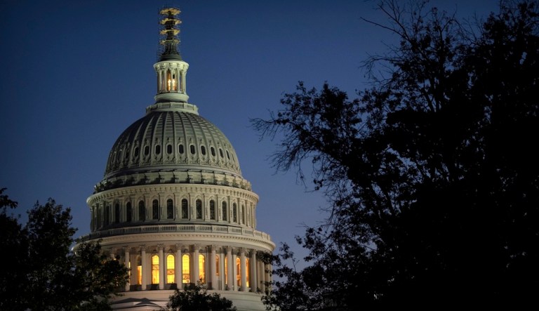 Night falls on the dome of the Capitol, hours after Rep. Kevin McCarthy (R-CA) was ousted as speaker of the House on Tuesday, Oct. 3, 2023, in Washington.