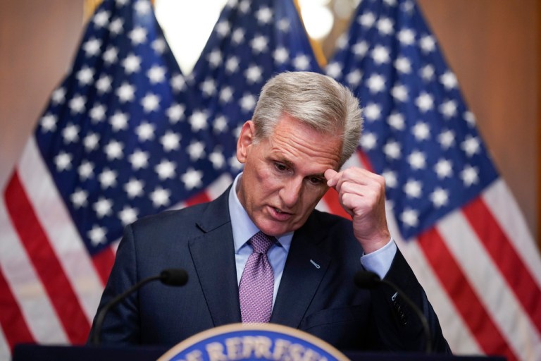 Rep. Kevin McCarthy (R-CA) speaks to reporters hours after he was ousted as speaker of the House, Tuesday, Oct. 3, 2023, at the Capitol in Washington.