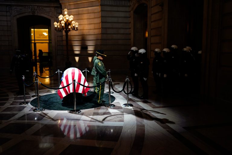 The casket of Sen. Dianne Feinstein is placed at City Hall where it will be displayed, Wednesday, Oct. 4, 2023, in San Francisco. Feinstein, who died Sept. 29, served as San Francisco mayor.