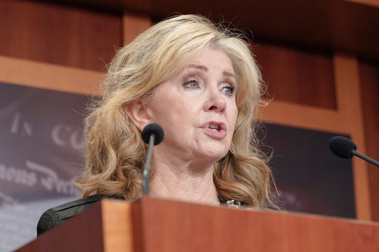 Sen. Marsha Blackburn (R-TN) speaks to the media during a press conference on the border, Sept. 27, 2023, on Capitol Hill in Washington. 