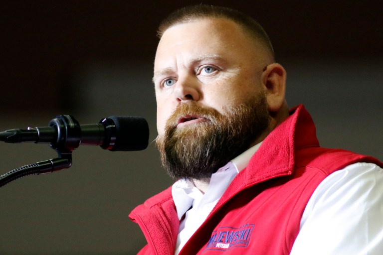 J.R. Majewski, Republican candidate for U.S. representative for Ohio's 9th Congressional District, speaks at a campaign rally in Youngstown, Ohio, Sept. 17, 2022
