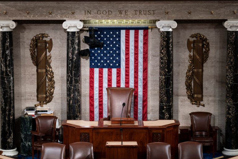 The speaker's dais is seen in the House of Representatives of the Capitol in Washington, Monday, Feb. 28, 2022. After House Speaker Kevin McCarthy was voted out of the job by a contingent of hard-right conservatives this week, House GOP leaders are now grappling to find a new speaker. With no speaker of the House, a constitutional officer second in line to the presidency, the Congress cannot fully function â to pass laws, fund the government, and otherwise serve as the branch of government closest to the people â during a time of simmering uncertainty at home and abroad.