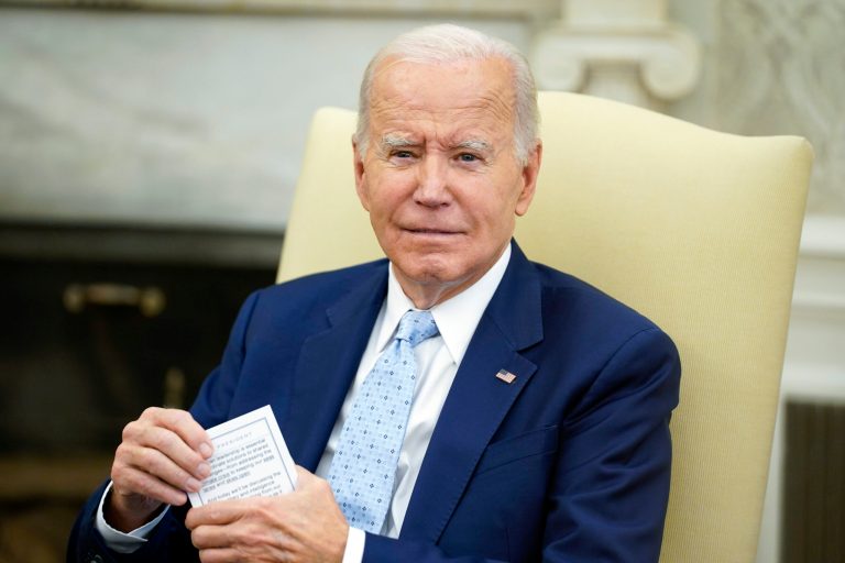 President Joe Biden listens as he holds a meeting to receive a briefing on Ukraine in the Oval Office of the White House, Thursday, Oct. 5, 2023, in Washington.