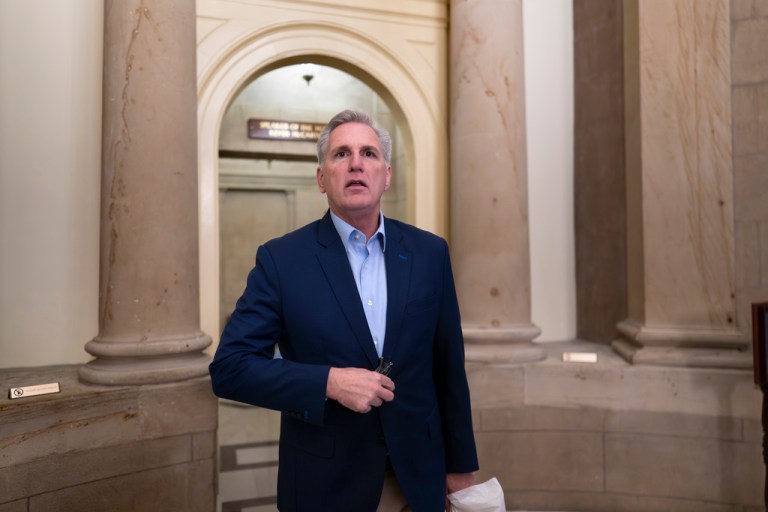 Former House Speaker of the House Kevin McCarthy (R-CA) departs the office still bearing his nameplate after a day of meetings at the Capitol in Washington on Thursday, Oct. 5, 2023. McCarthy was voted out of the job of speaker this week by a contingent of hard-line conservatives in an extraordinary showdown, a first in U.S. history.