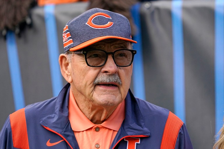 Chicago Bears great Dick Butkus watches from the sideline during the first half of the team's NFL football game against the Houston Texans on Sept. 25, 2022, in Chicago.