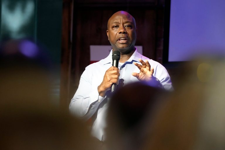 Republican presidential candidate Sen. Tim Scott (R-SC) speaks at a campaign event,  Friday, Oct. 6, 2023, in Bluffton, S.C.