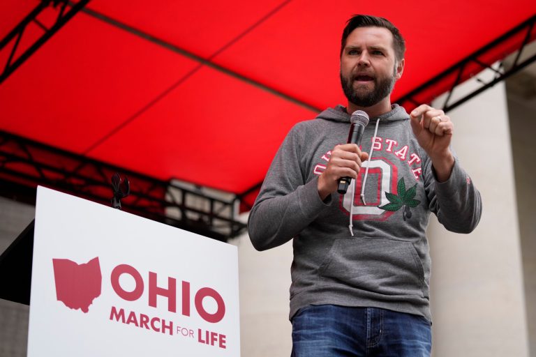 Sen. J.D. Vance (R-OH) speaks during the Ohio March for Life rally at the Ohio State House in Columbus, Ohio, Friday, Oct. 6, 2023.