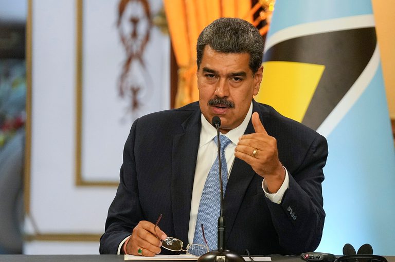 Venezuelan President Nicolas Maduro speaks during a meeting with Saint Lucia's Prime Minister Philip Joseph Pierre at the Miraflores presidential palace in Caracas, Venezuela, on Friday, Oct. 6, 2023.