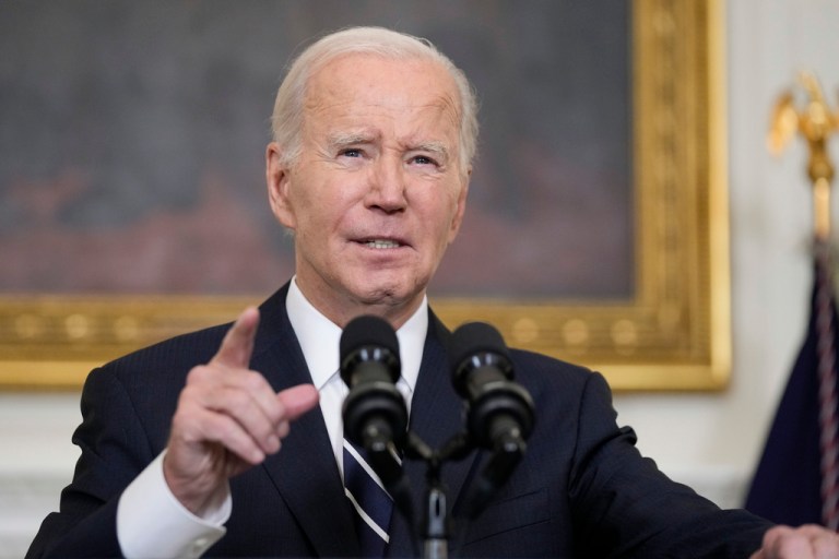 President Joe Biden speaks in the State Dining Room of the White House, Saturday, Oct. 7, 2023, in Washington, after Hamas terrorists of the Gaza Strip carried out an unprecedented, multi-front attack on Israel at daybreak Saturday. Thousands of rockets were fired as dozens of Hamas fighters infiltrated the heavily fortified border in several locations by air, land, and sea, catching the country off guard on a major holiday.