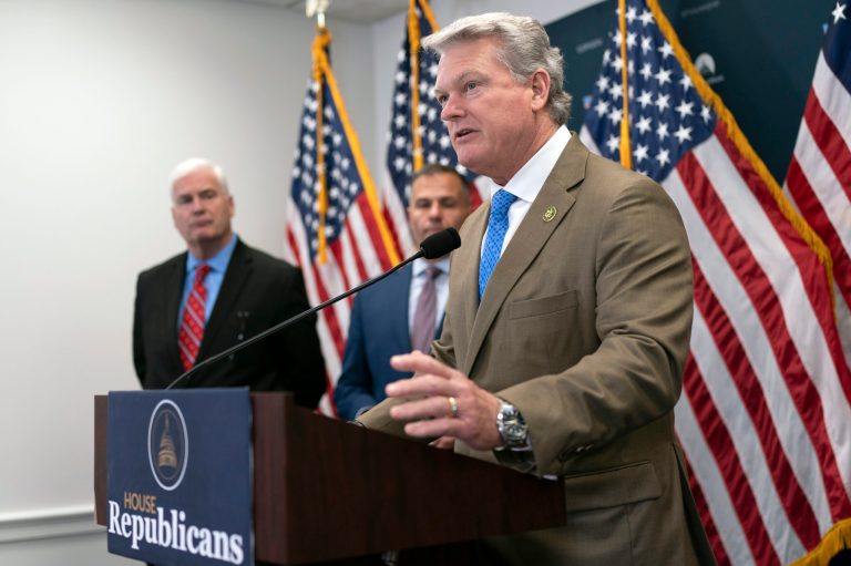 Rep. Mike Collins (R-GA) speaks to reporters following a closed-door meeting of the House Republican Conference at the Capitol in Washington, July 18, 2023.