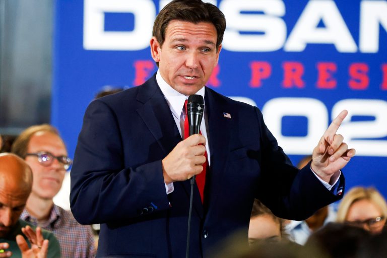 Republican presidential candidate and Gov. Ron DeSantis (R-FL) speaks during a town hall at Refuge City Church in northeast Cedar Rapids, Iowa, on Oct. 8, 2023. 