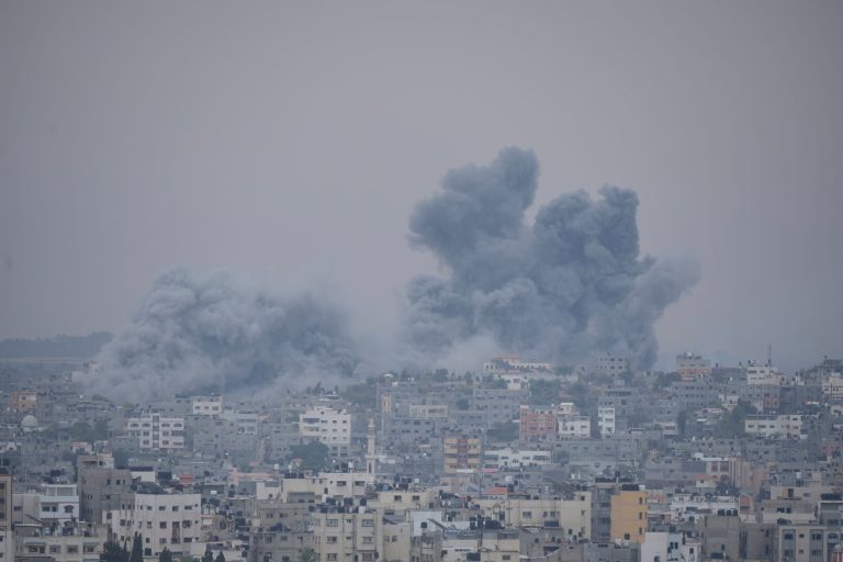Smoke from an Israeli airstrike rises in Gaza City on Monday, Oct. 9, 2023.