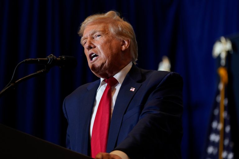 Former President Donald Trump speaks during a commit to caucus rally, Saturday, Oct. 7, 2023, in Cedar Rapids, Iowa. 