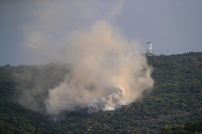 Smoke rise from Israeli shelling, in Aita al Shaab village, South Lebanon, Monday, Oct. 9, 2023. Israeli troops shot and killed several gunmen who crossed into the country from Lebanon, the Israeli Defense Forces said, without specifying the number of people killed nor their alleged affiliation.