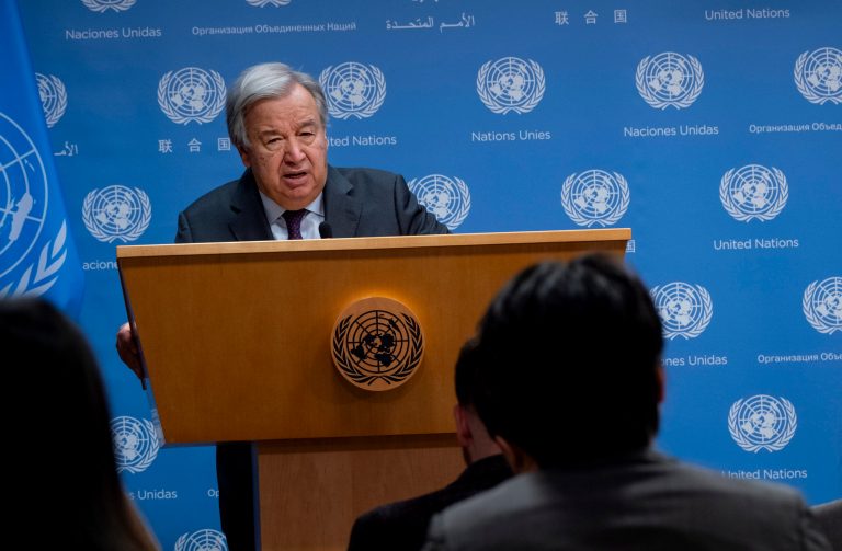 United Nations Secretary-General Antonio Guterres addresses the situation in Israel after an attack by Hamas during a news briefing at the U.N. headquarters on Monday, Oct. 9, 2023.