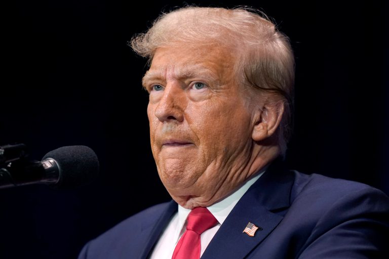 Former President Donald Trump addresses an audience during a campaign event, Monday, Oct. 9, 2023, in Wolfeboro, New Hampshire.