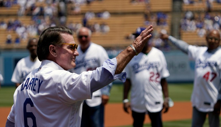 FILE - Former Los Angeles Dodgers first baseman Steve Garvey waves to fans prior to a baseball game between the Dodgers and the Colorado Rockies, Sunday, July 25, 2021, in Los Angeles. Garvey joined the race Tuesday, Oct. 10, 2023, to succeed the late California Sen. Dianne Feinstein, giving Republicans a splash of star quality on the ballot in a heavily Democratic state where the GOP hasnât won a Senate race in 35 years.