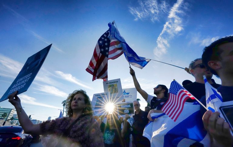 Israeli-Americans, Jews, and supporters of Israel rally in support of Israel and against Saturday's attack on Monday, Oct. 9, 2023, in Beverly Hills, California.