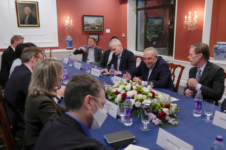 Senate Majority Leader Chuck Schumer (D-NY, second from right) speaks next to U.S. Ambassador to China Nicholas Burns (right) during a press round table with Schumer and his delegation at the residence of U.S. ambassador to China in Beijing on Oct. 10, 2023. 