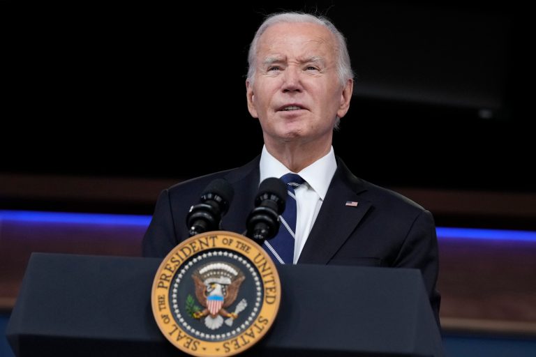 President Joe Biden speaks in the South Court Auditorium on the White House complex in Washington, Tuesday, Oct. 10, 2023, during a virtual meeting with the U.S. Fire Administrator's Summit on Fire Prevention & Control.
